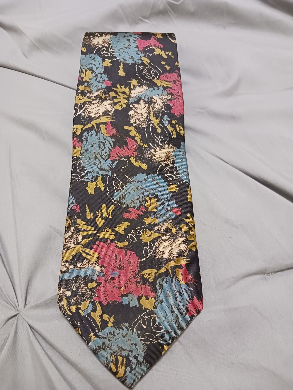 Harve`Benard Floral Print Men's Tie - Black with Blue, Pink & Yellow 3" x 59"